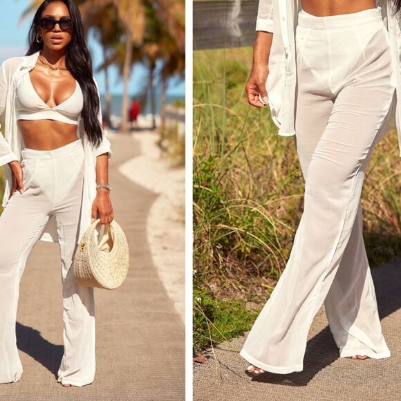 Prettylittlethings White Recycled Mesh Wide Leg Beach Sz 6 NWT IN PACKAGING - Picture 1 of 5